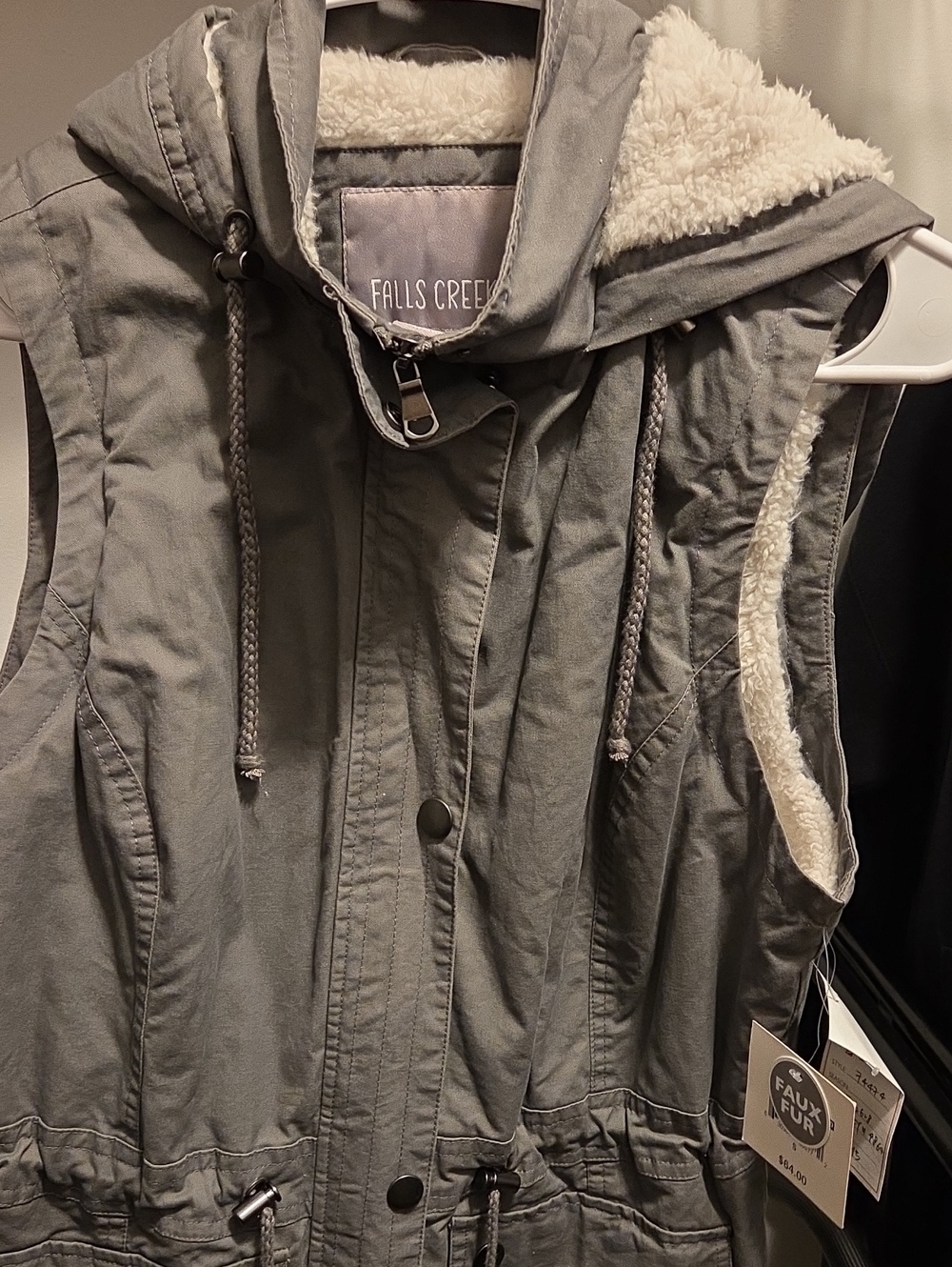 Falls Creek Gray Hooded Faux-Sherpa Drawcord Vest